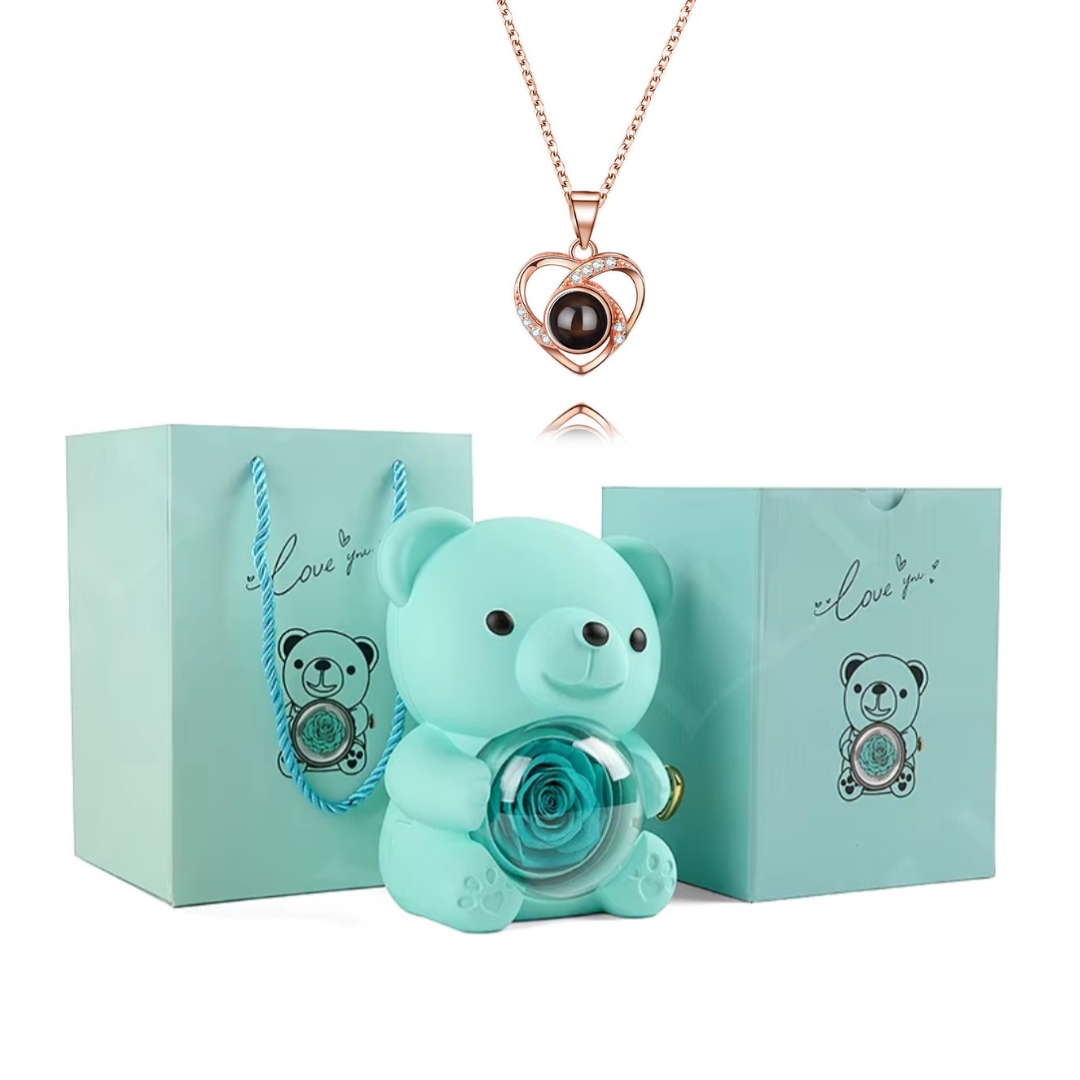 Urso Rotativo Com Rosa Real & Colar Eu Te Amo 100 Idiomas