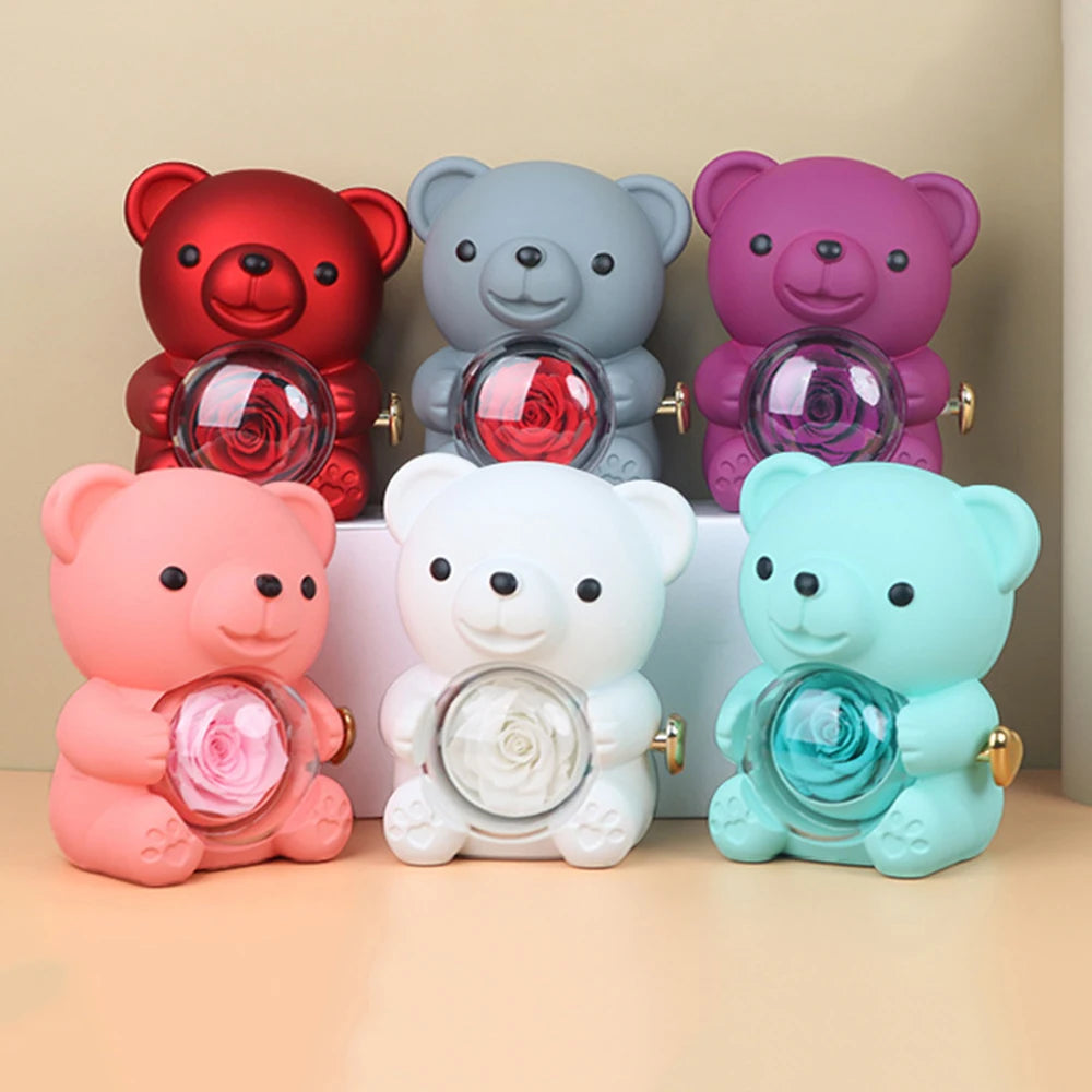 Urso Rotativo Com Rosa Real & Colar Trevo 2 Em 1