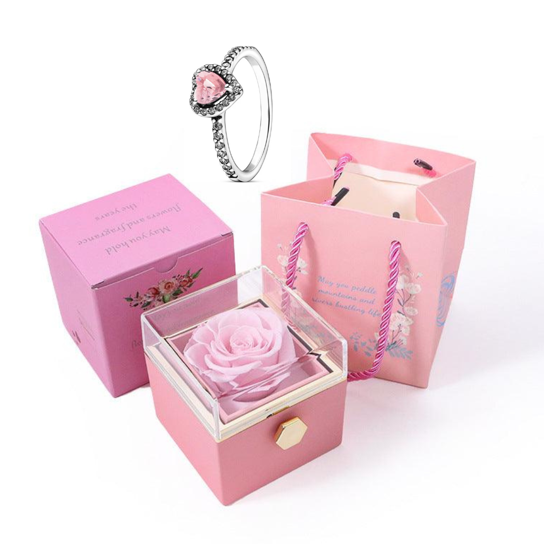 Caixa Rotativa Com Rosa Real & Colar Anel Solitario Com Pedra