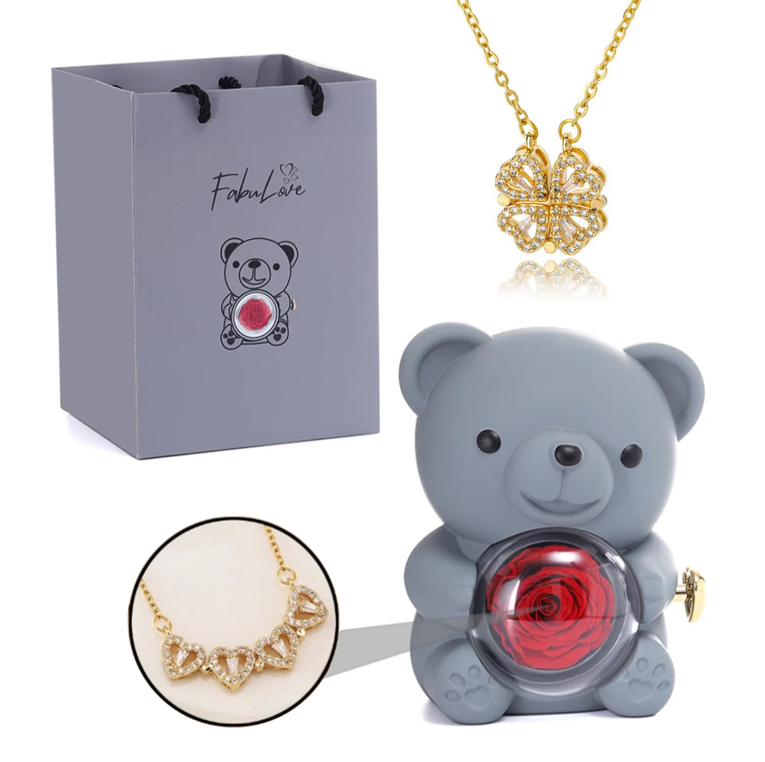 Urso Rotativo Com Rosa Real & Colar Trevo 2 Em 1