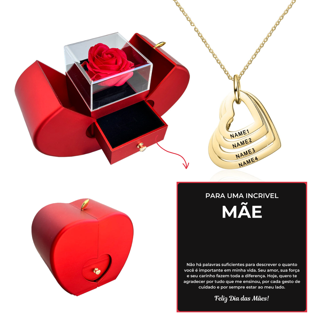 Caixa Maçã Com Rosa & Colar Amor Fraterno Personalizado Com Nomes