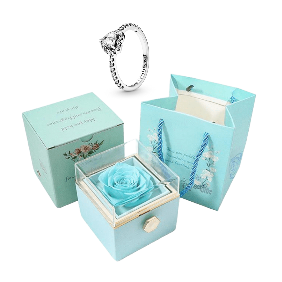 Caixa Rotativa Com Rosa Real & Colar Anel Solitario Com Pedra