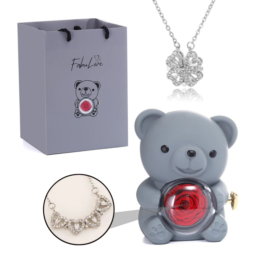Urso Rotativo Com Rosa Real & Colar Trevo 2 Em 1