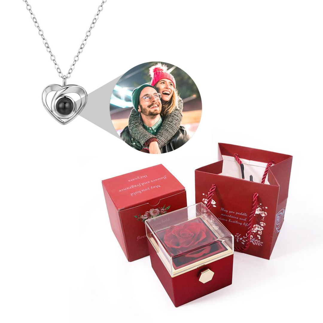 Caixa Rotativa Rosa Real & Colar Projeção Com Foto