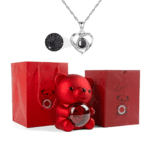 Urso Rotativo Com Rosa Real & Colar Eu Te Amo 100 Idiomas