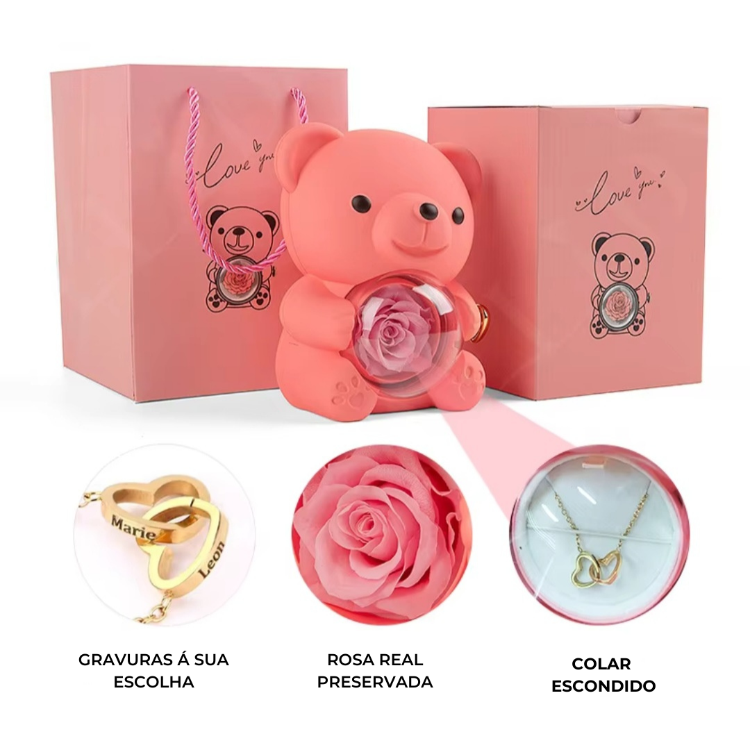 Urso Rotativo Com Rosa Real & Colar Dual Love Personalizado