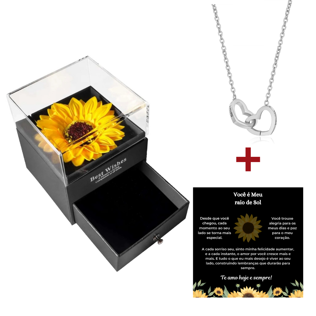 Caixa Rosa Girassol & Colar Dual Love Personalizado