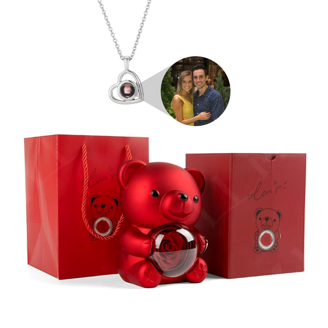 Urso Rotativo Com Rosa Real & Colar Projeção Com Foto