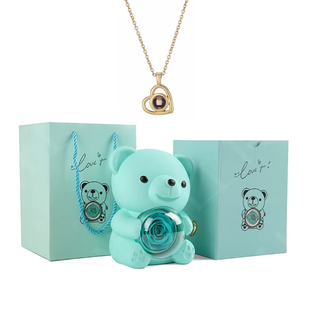 Urso Rotativo Com Rosa Real & Colar Projeção Com Foto