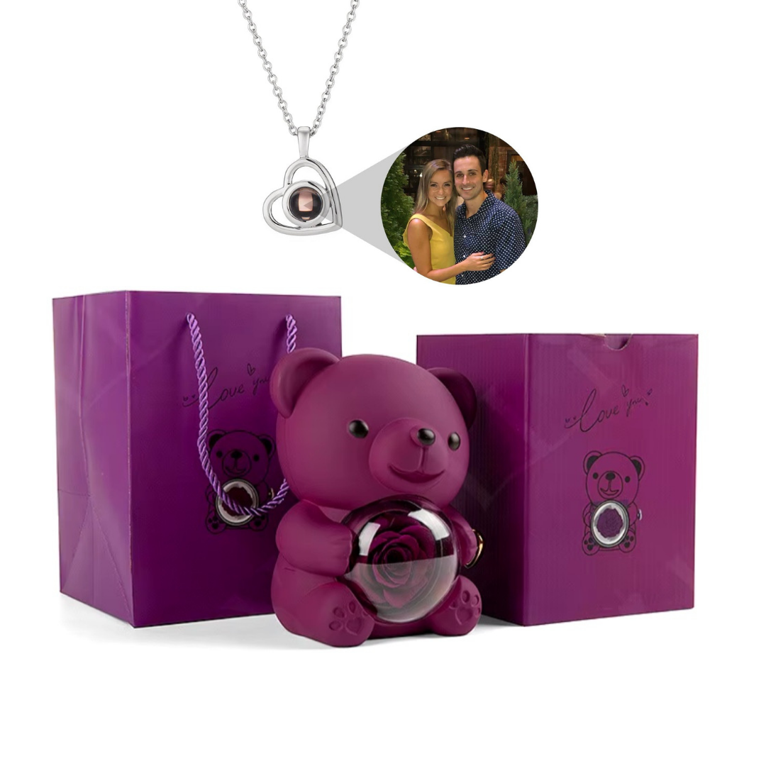 Urso Rotativo Com Rosa Real & Colar Projeção Com Foto