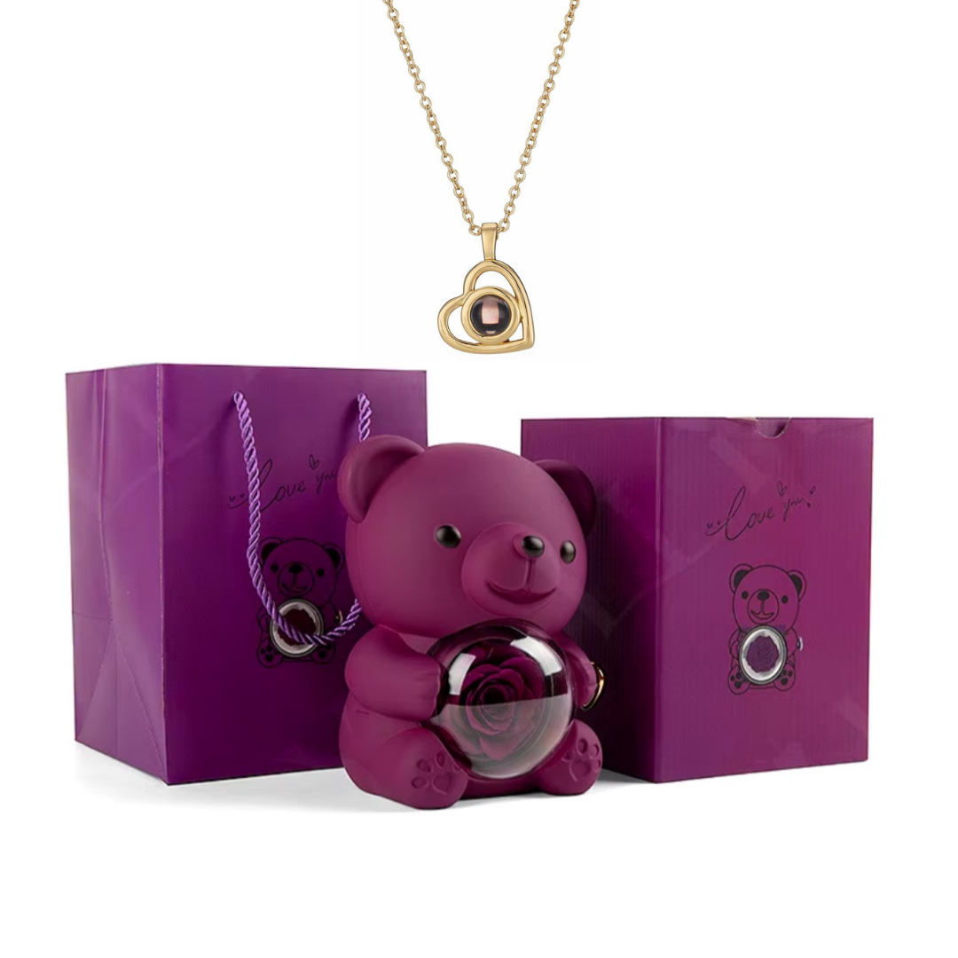 Urso Rotativo Com Rosa Real & Colar Projeção Com Foto