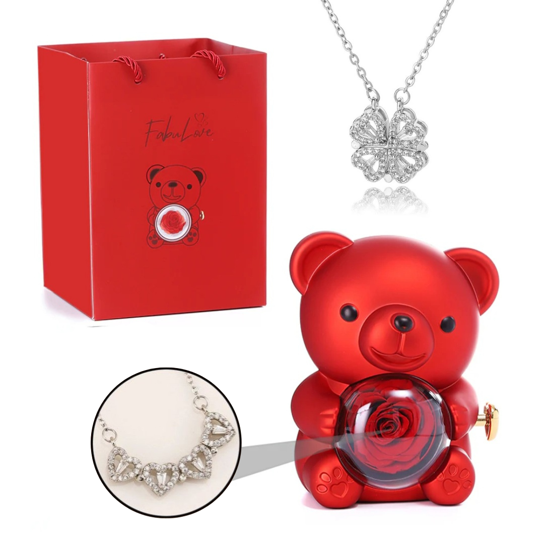 Urso Rotativo Com Rosa Real & Colar Trevo 2 Em 1