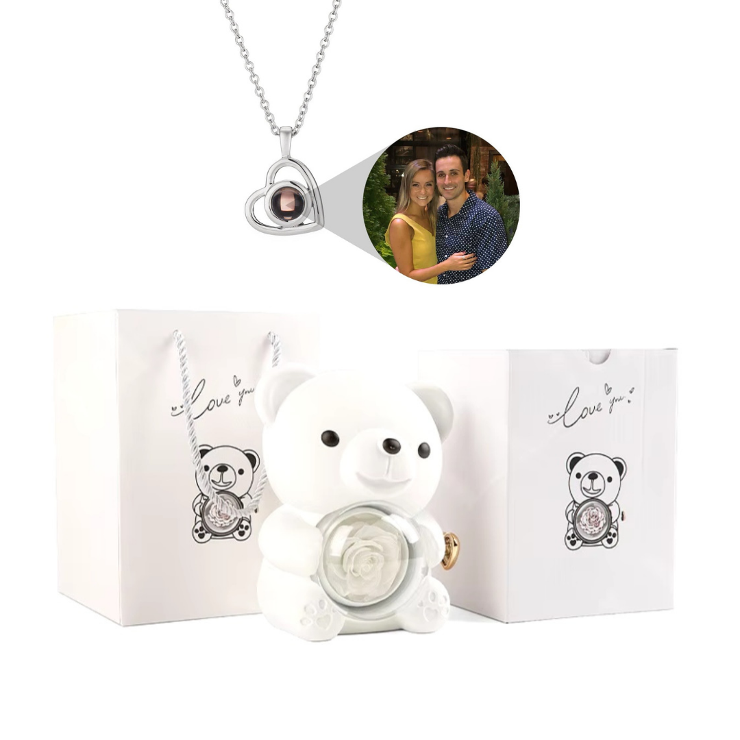 Urso Rotativo Com Rosa Real & Colar Projeção Com Foto