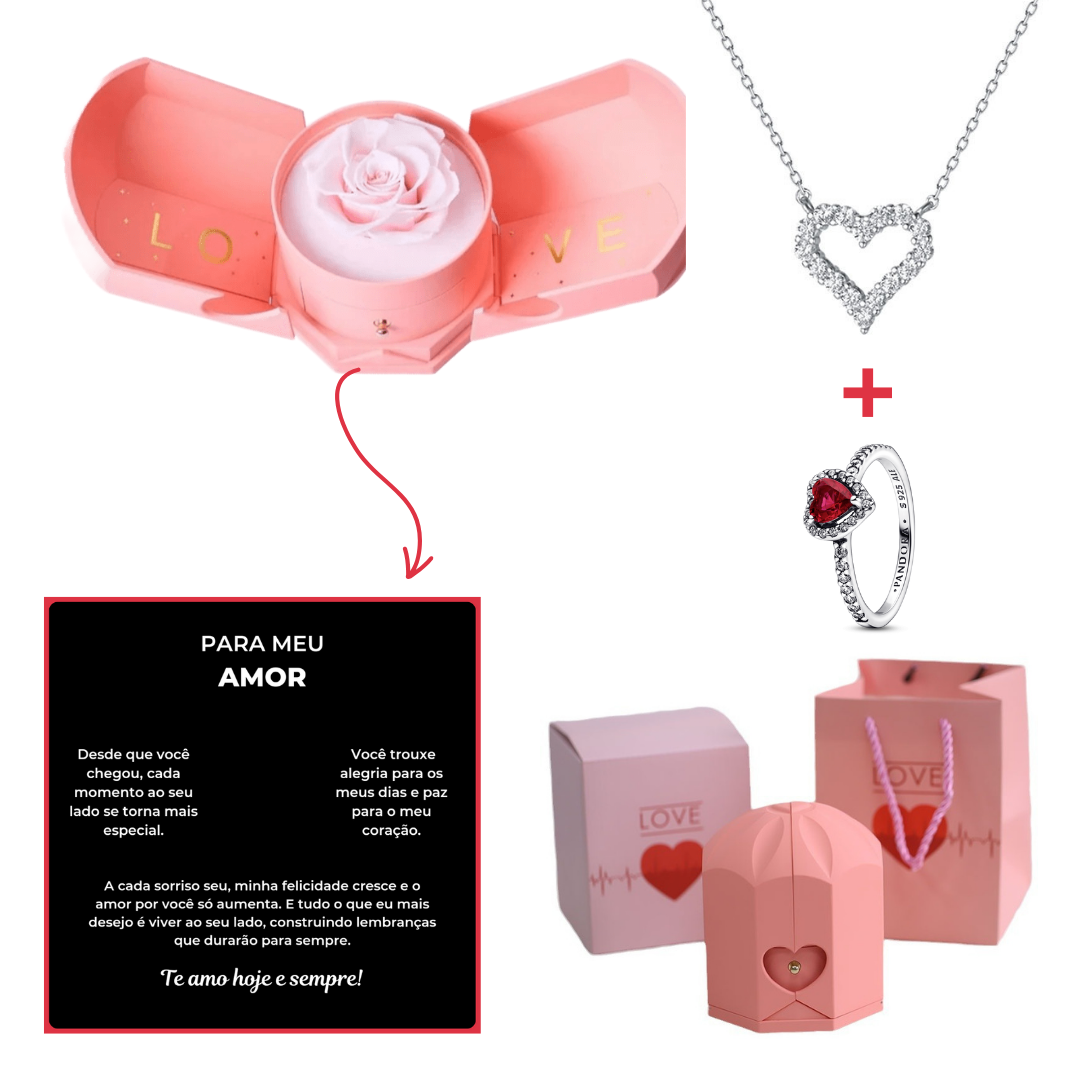 Caixa Asas & Colar Coração Cravejado + Anel Solitario