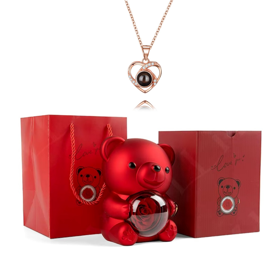Urso Rotativo Com Rosa Real & Colar Eu Te Amo 100 Idiomas