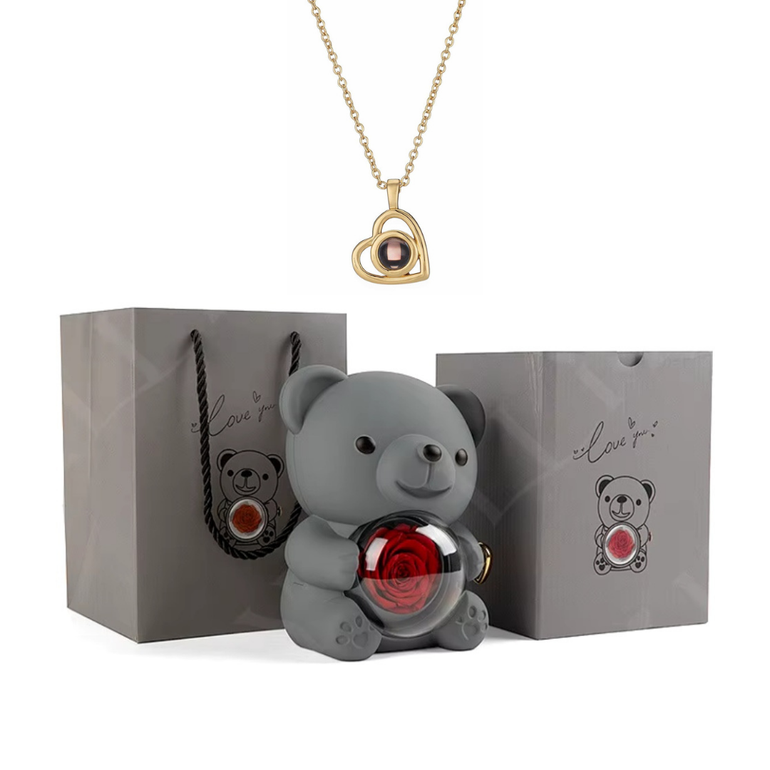 Urso Rotativo Com Rosa Real & Colar Projeção Com Foto