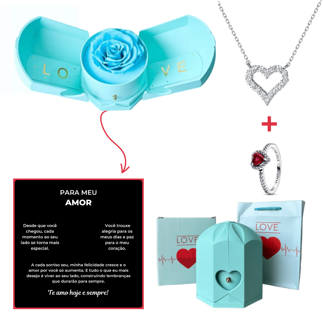 Caixa Asas & Colar Coração Cravejado + Anel Solitario