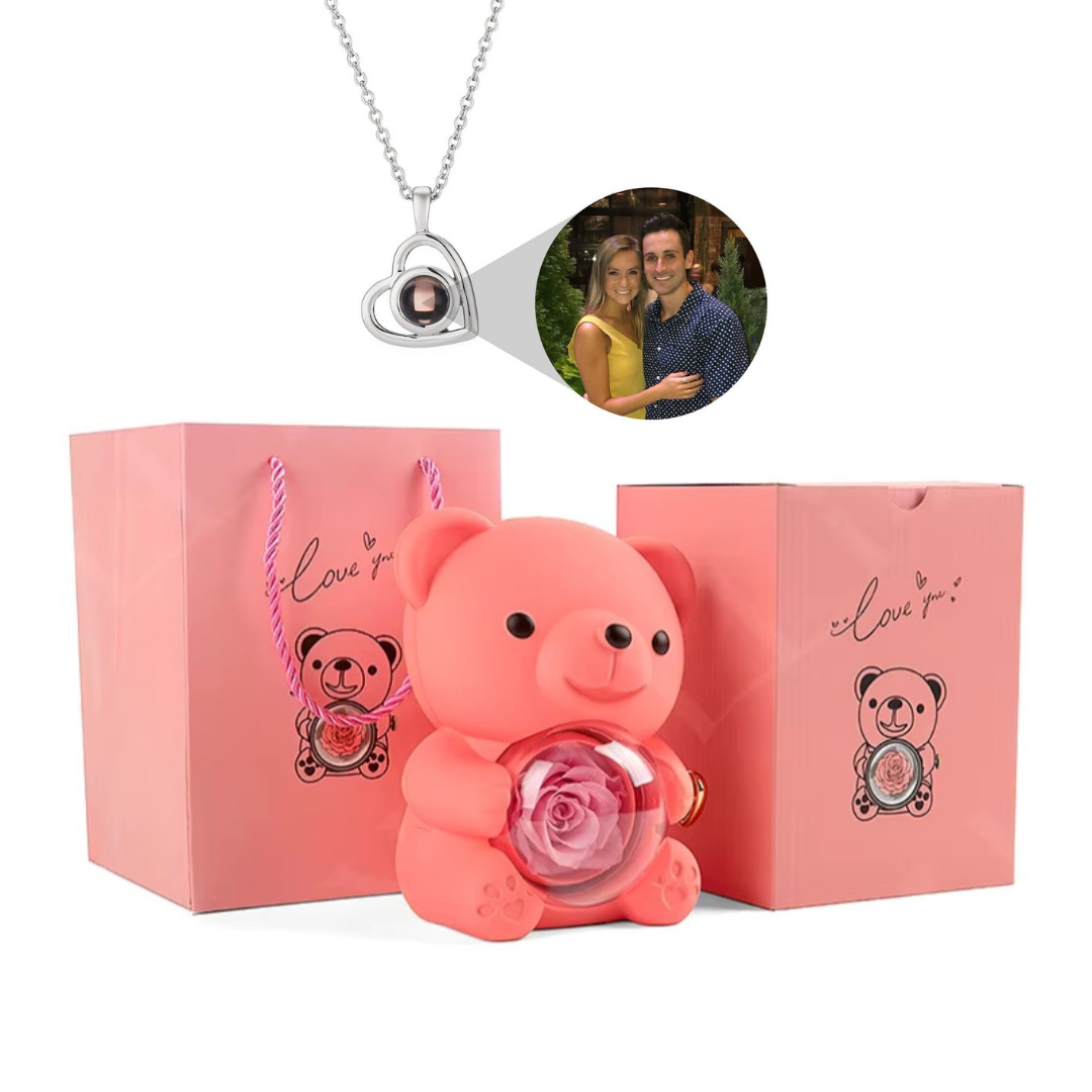 Urso Rotativo Com Rosa Real & Colar Projeção Com Foto
