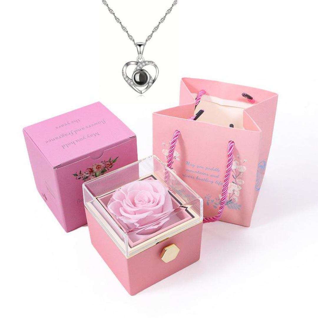 Caixa Rotativa Rosa Real & Colar Eu Te Amo Em 100 Idiomas