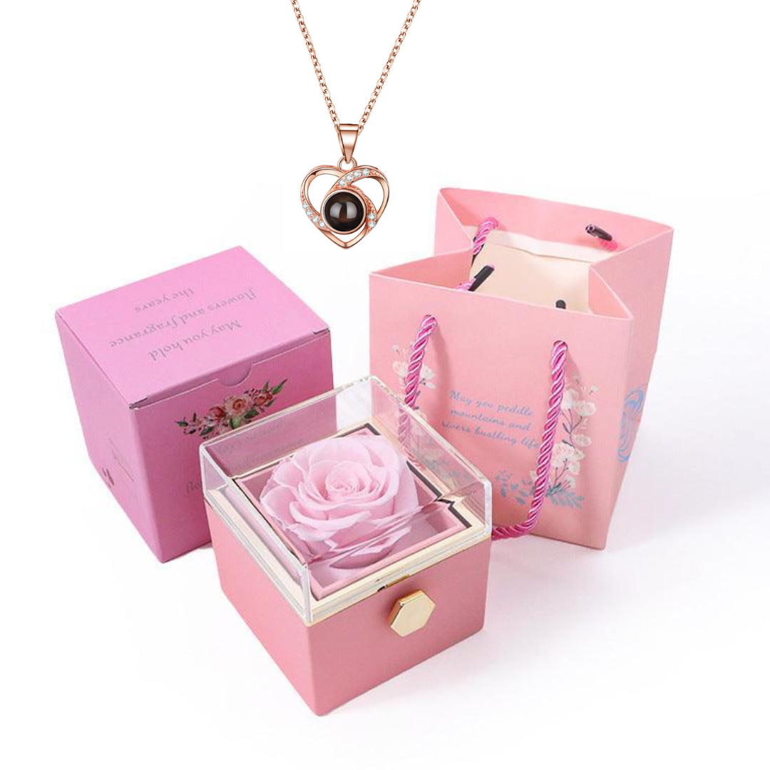 Caixa Rotativa Rosa Real & Colar Eu Te Amo Em 100 Idiomas