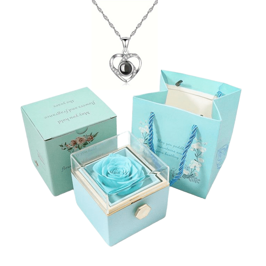 Caixa Rotativa Rosa Real & Colar Eu Te Amo Em 100 Idiomas