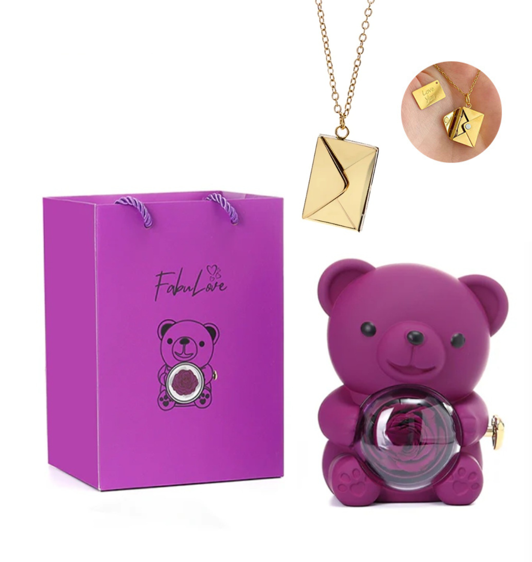 Urso Rotativo Com Rosa Real & Colar Envelope Persolalizado