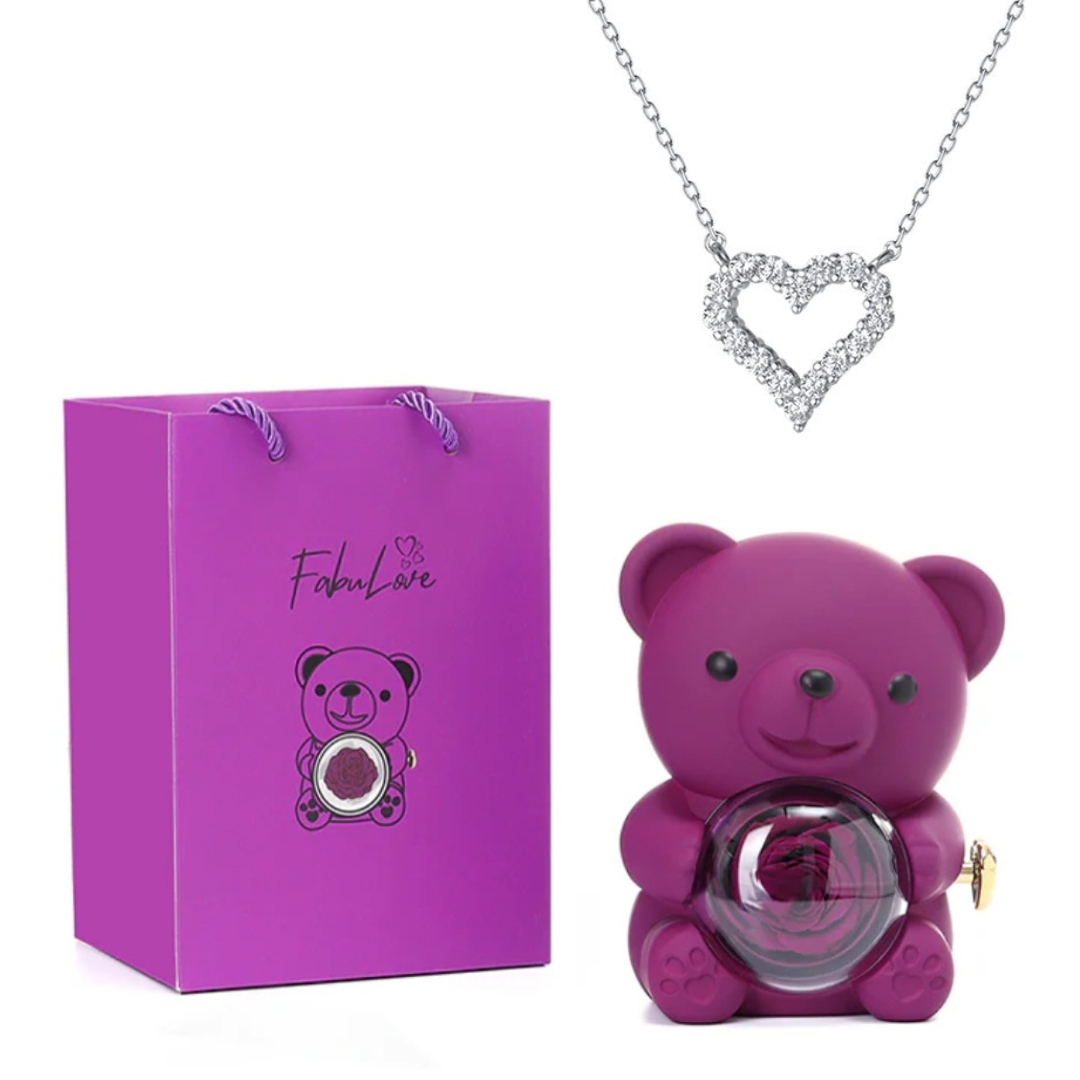 Urso Rotativo Com Rosa Real & Colar Coração Com Pedras