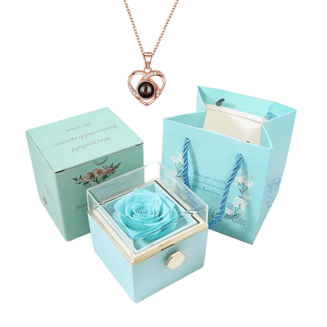 Caixa Rotativa Rosa Real & Colar Eu Te Amo Em 100 Idiomas