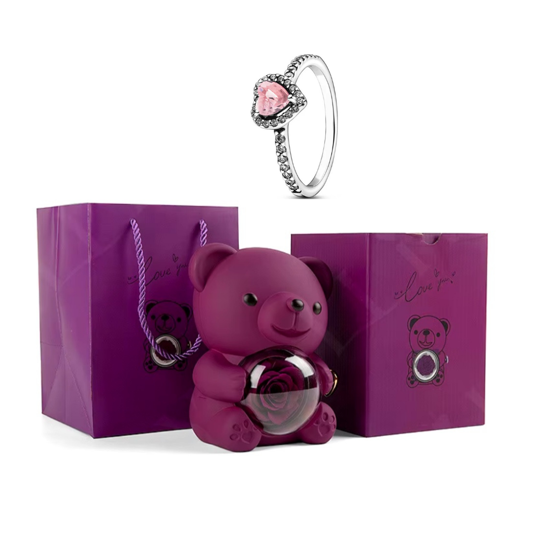 Urso Rotativo Com Rosa Real & Anel Solitario Com Pedra