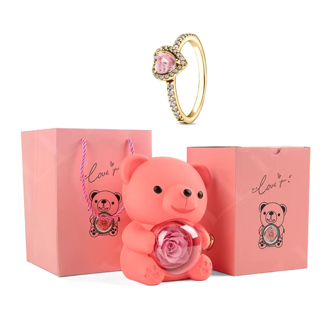 Urso Rotativo Com Rosa Real & Anel Solitario Com Pedra