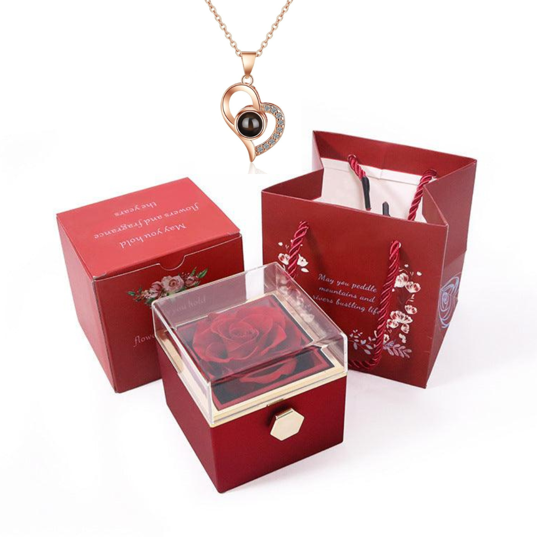 Caixa Rotativa Rosa Real & Colar Eu Te Amo Em 100 Idiomas