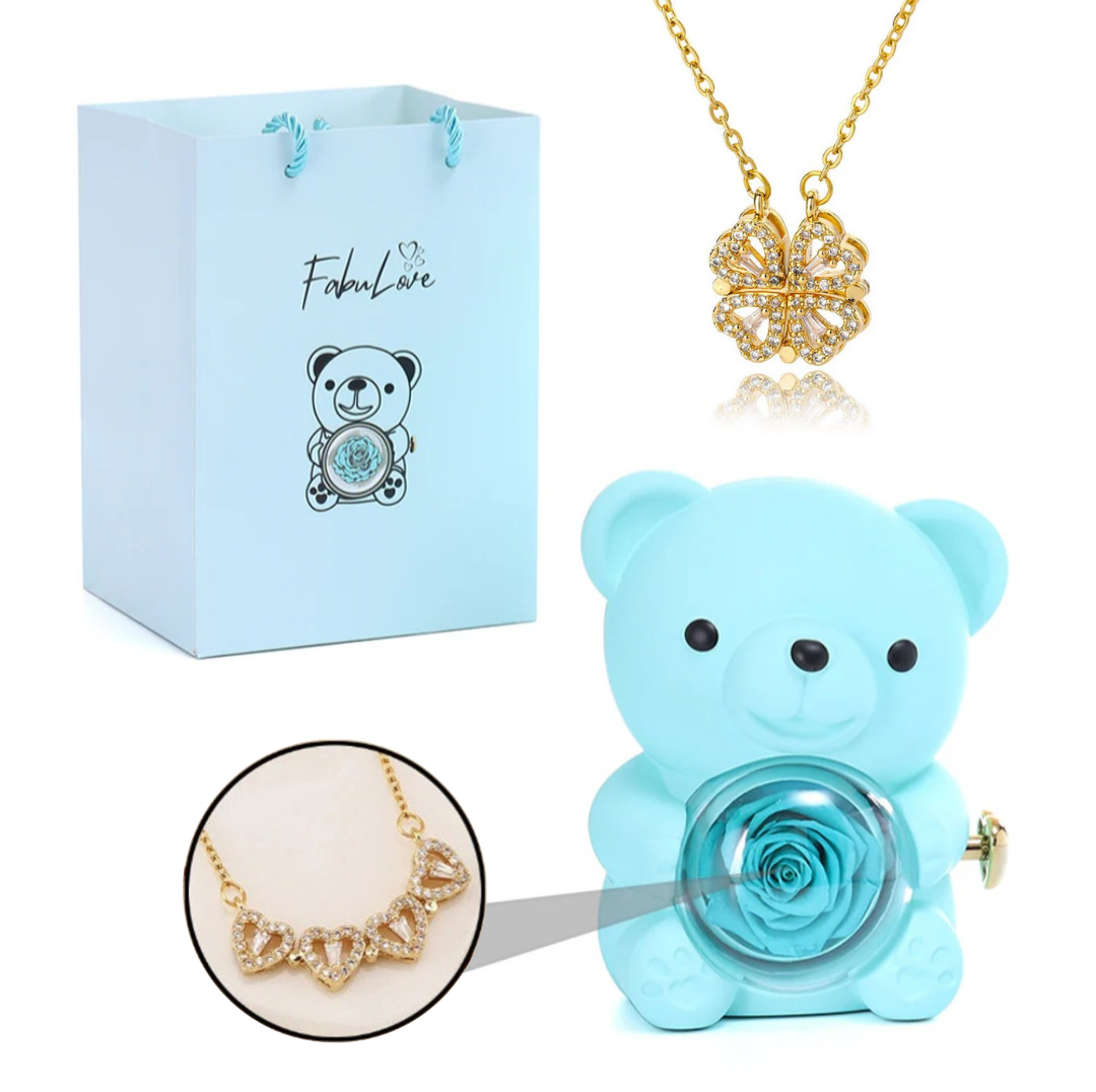 Urso Rotativo Com Rosa Real & Colar Trevo 2 Em 1