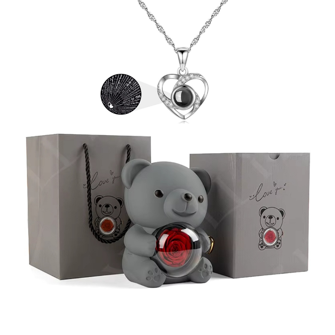 Urso Rotativo Com Rosa Real & Colar Eu Te Amo 100 Idiomas