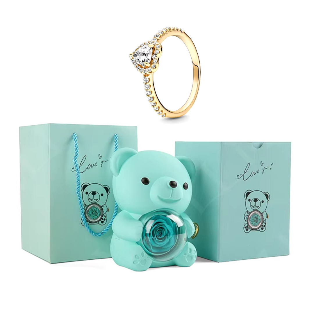 Urso Rotativo Com Rosa Real & Anel Solitario Com Pedra
