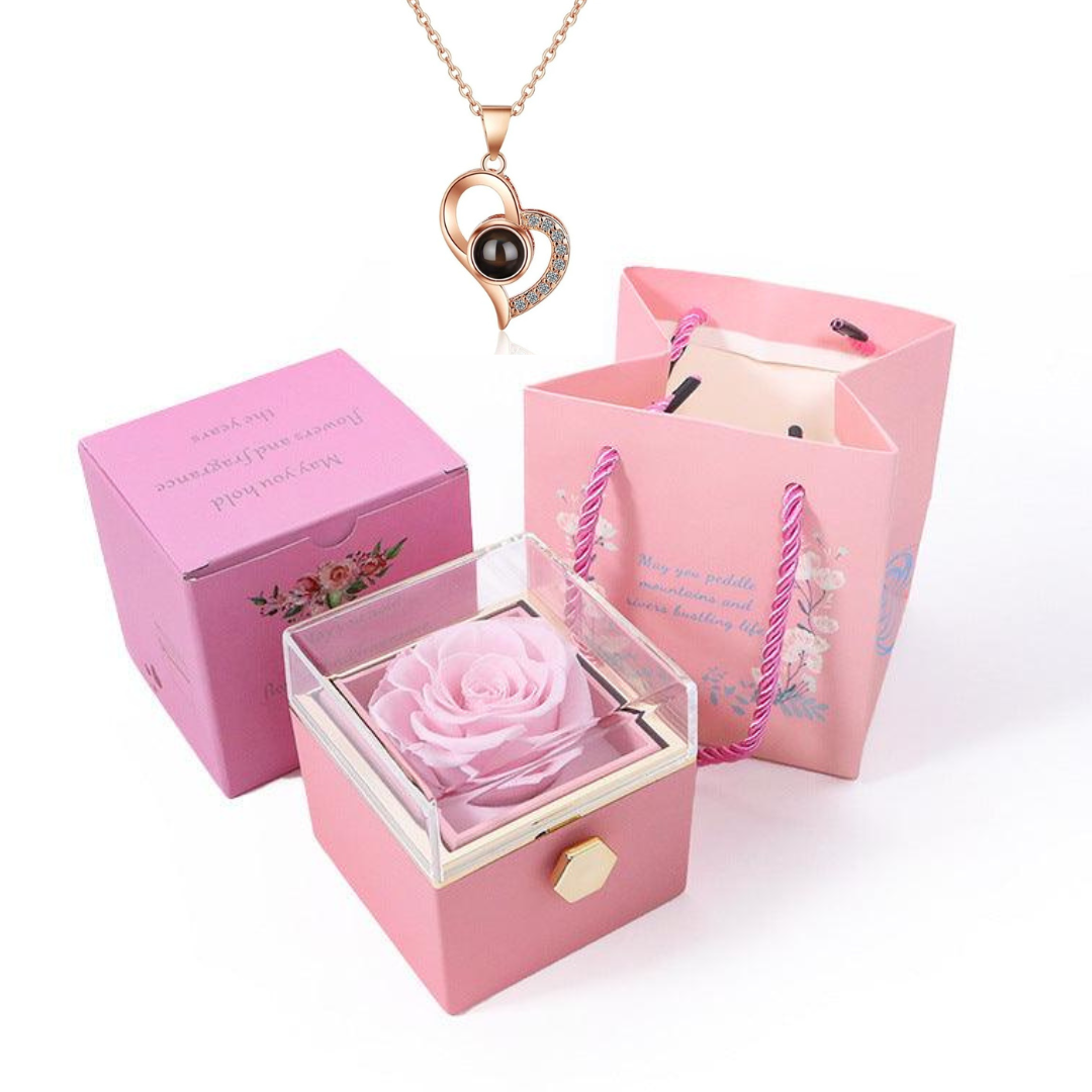 Caixa Rotativa Rosa Real & Colar Eu Te Amo Em 100 Idiomas