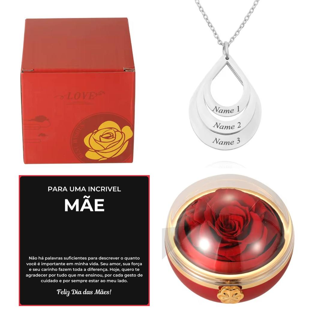 Caixa Rotativa Com Rosa & Colar Pingo Personalizado Com Nomes