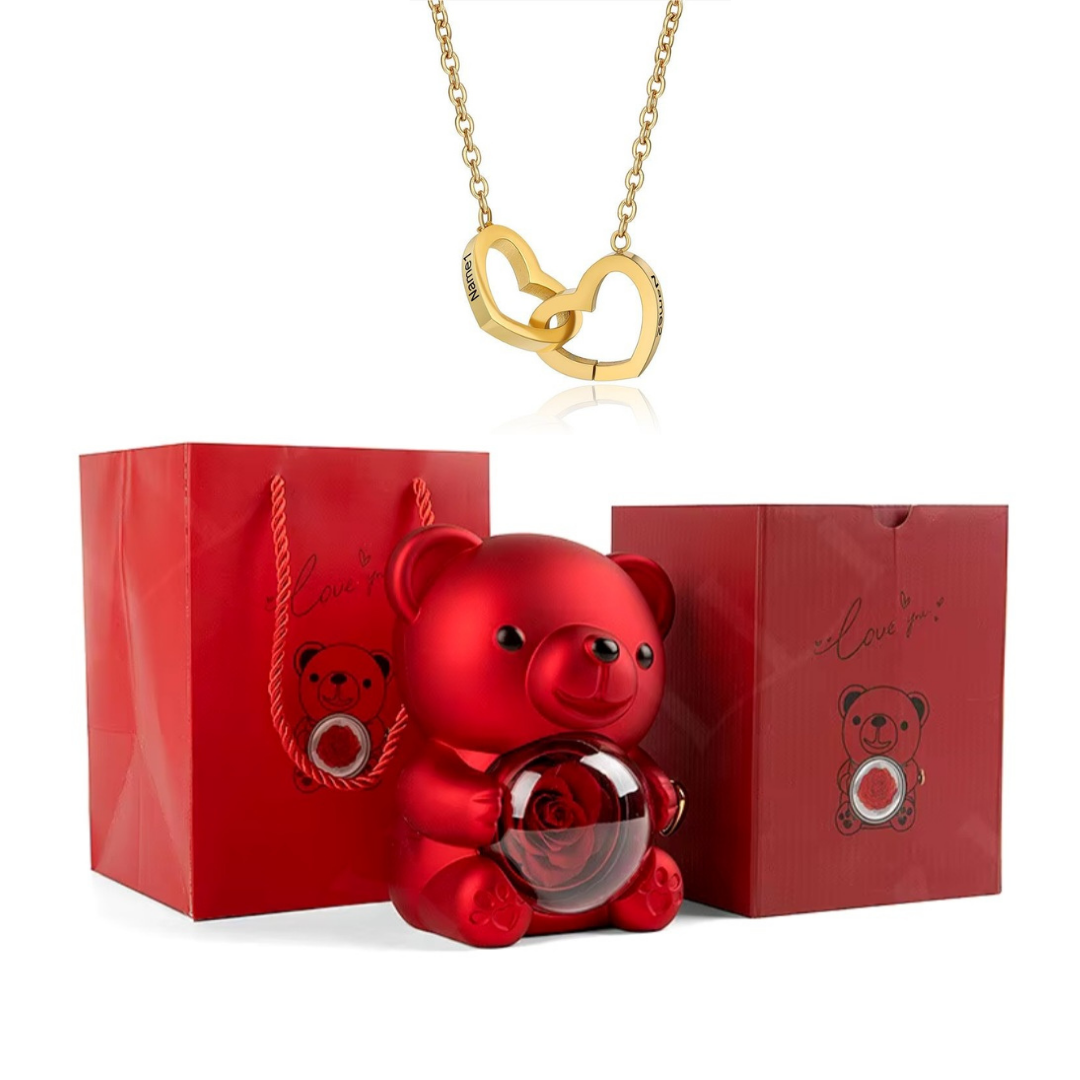 Urso Rotativo Com Rosa Real & Colar Dual Love Personalizado