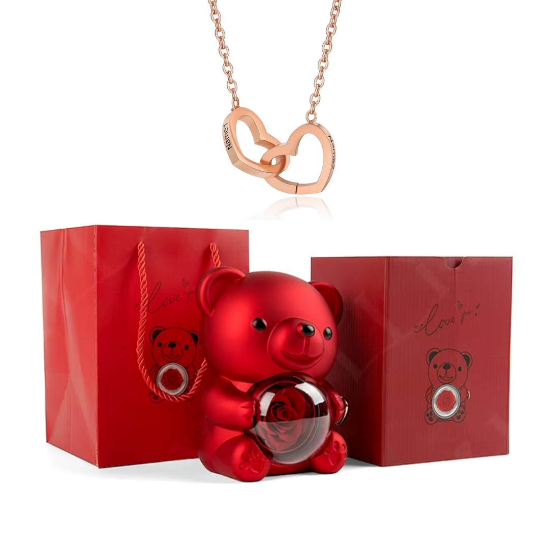 Urso Rotativo Com Rosa Real & Colar Dual Love Personalizado