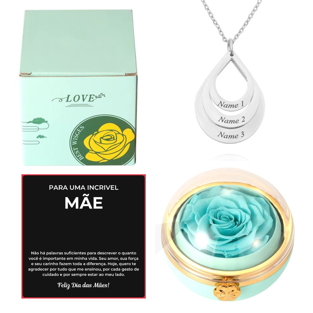 Caixa Rotativa Com Rosa & Colar Pingo Personalizado Com Nomes