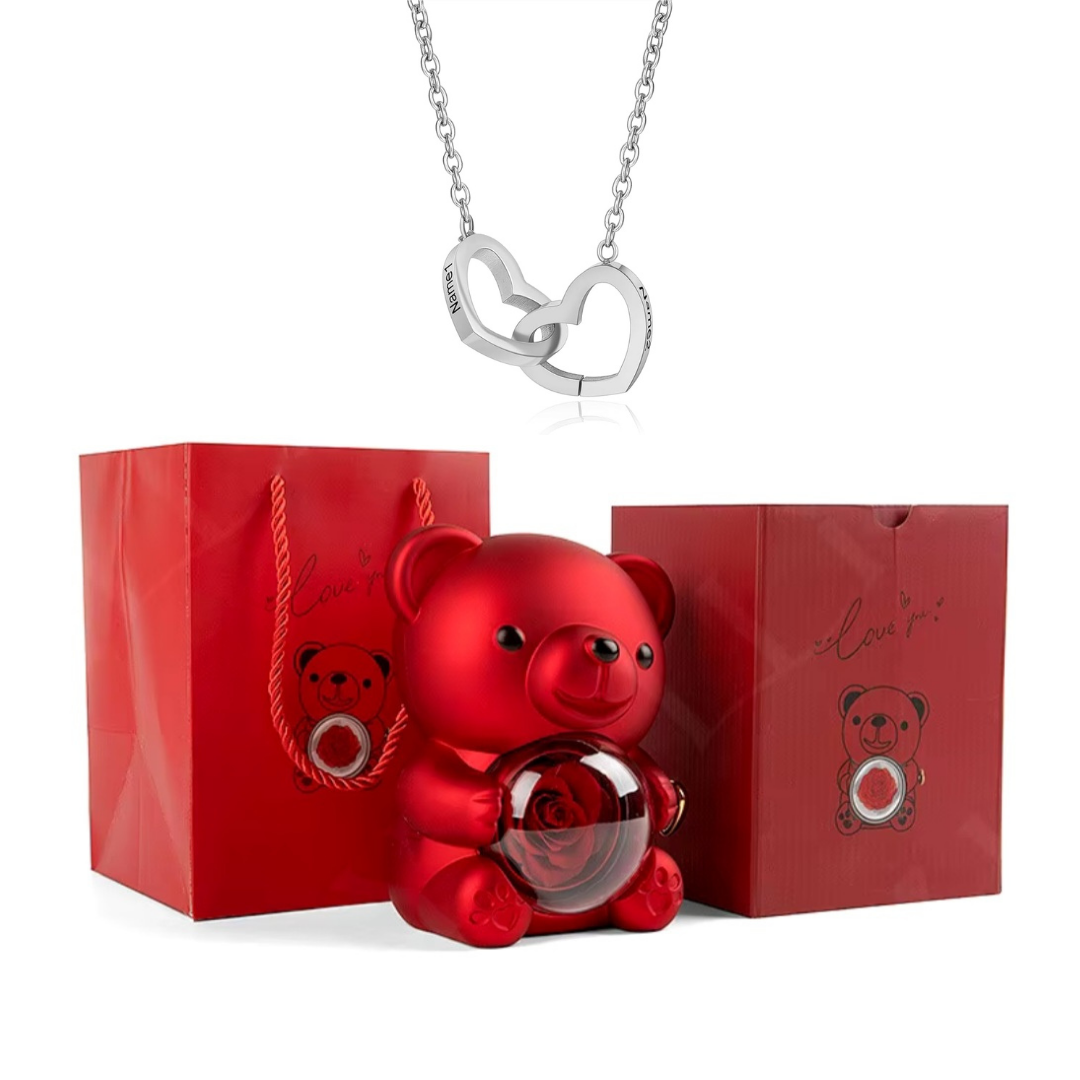 Urso Rotativo Com Rosa Real & Colar Dual Love Personalizado