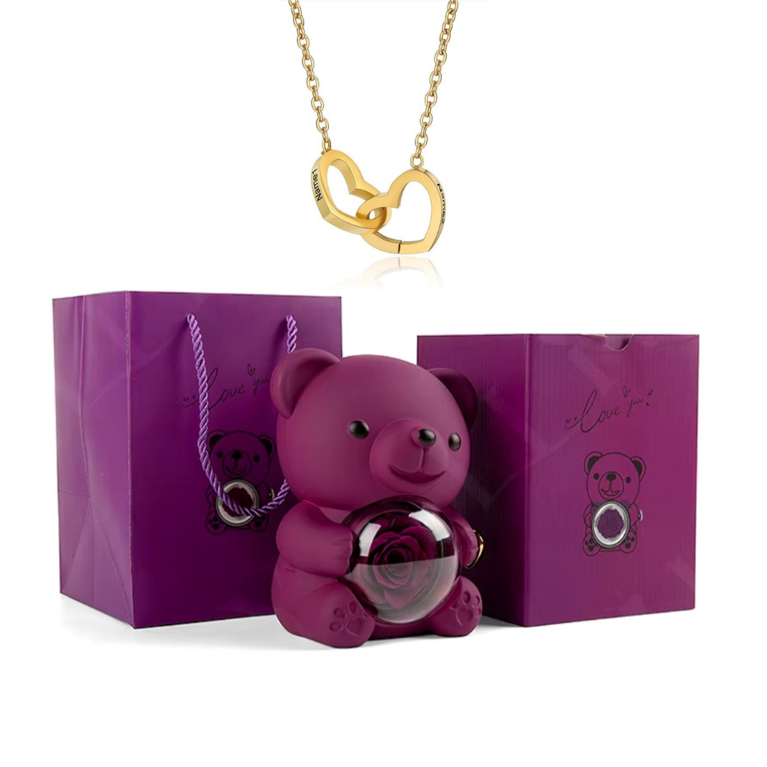 Urso Rotativo Com Rosa Real & Colar Dual Love Personalizado