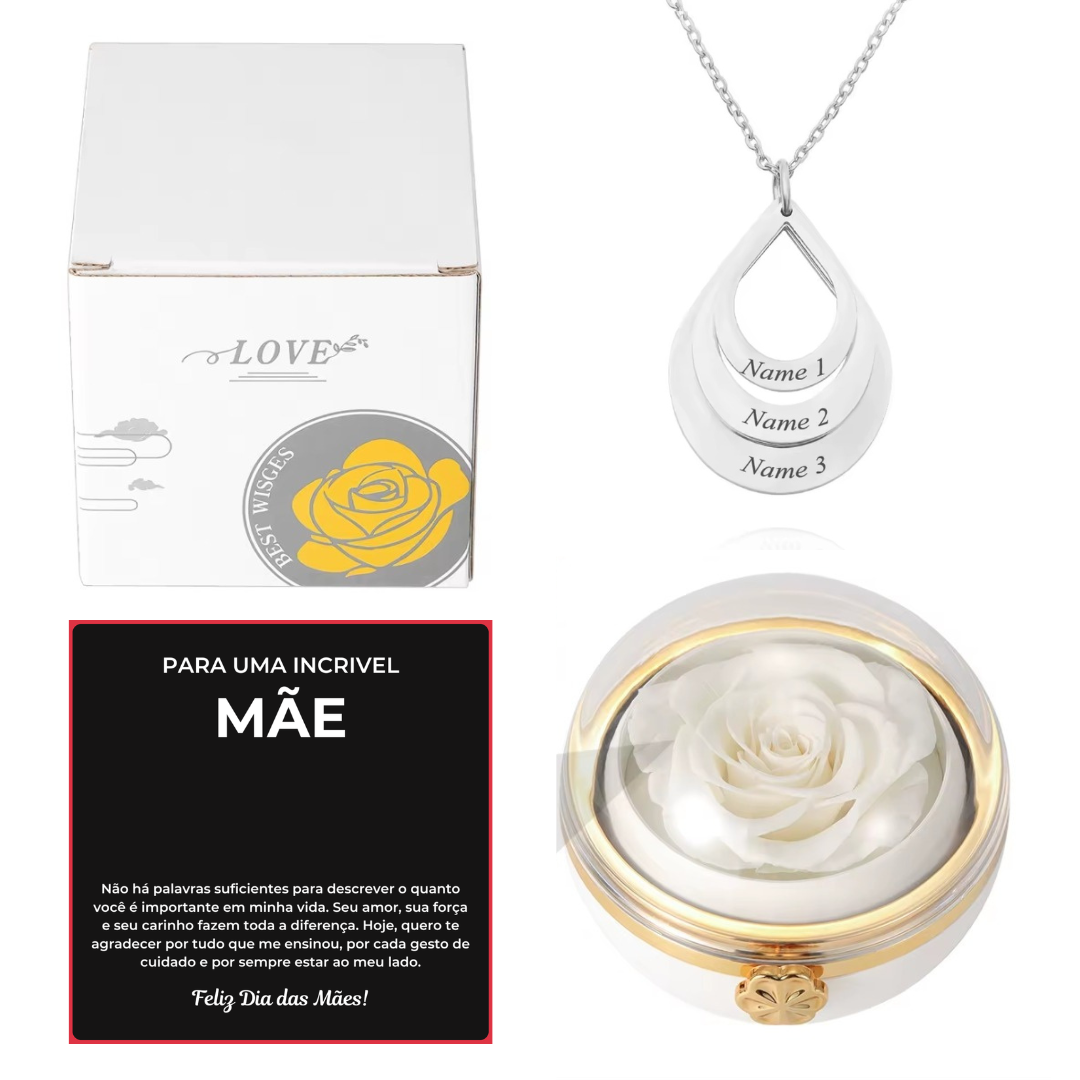 Caixa Rotativa Com Rosa & Colar Pingo Personalizado Com Nomes