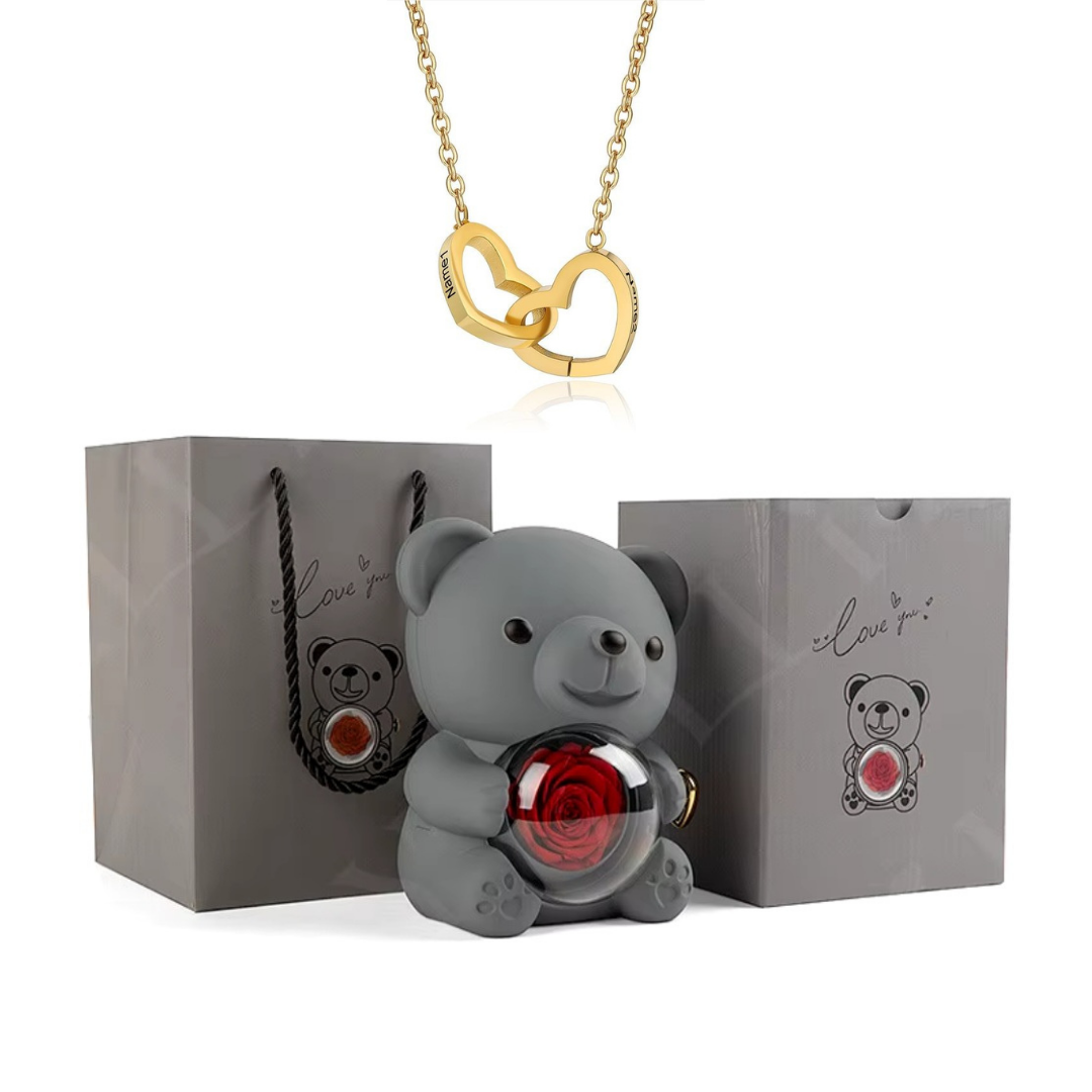 Urso Rotativo Com Rosa Real & Colar Dual Love Personalizado