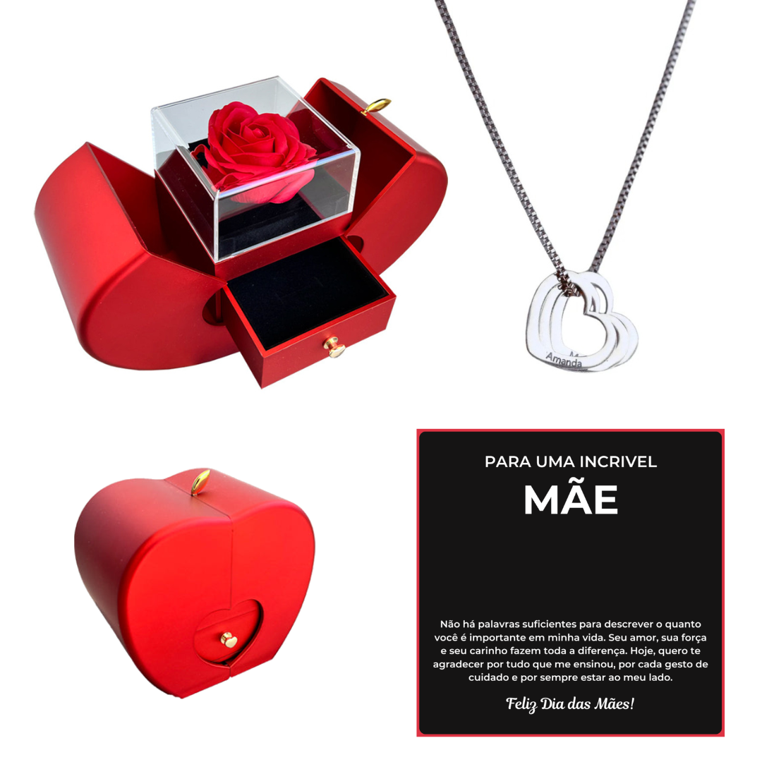 Caixa Maçã Com Rosa & Colar Coração de Mãe Personalizado Com Nomes