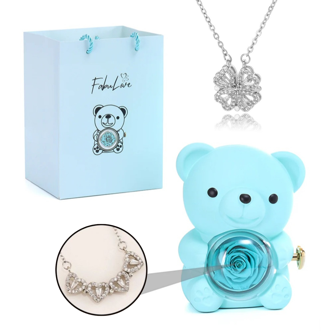 Urso Rotativo Com Rosa Real & Colar Trevo 2 Em 1