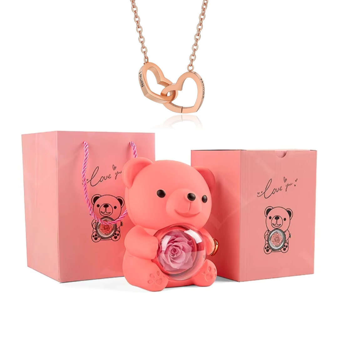 Urso Rotativo Com Rosa Real & Colar Dual Love Personalizado