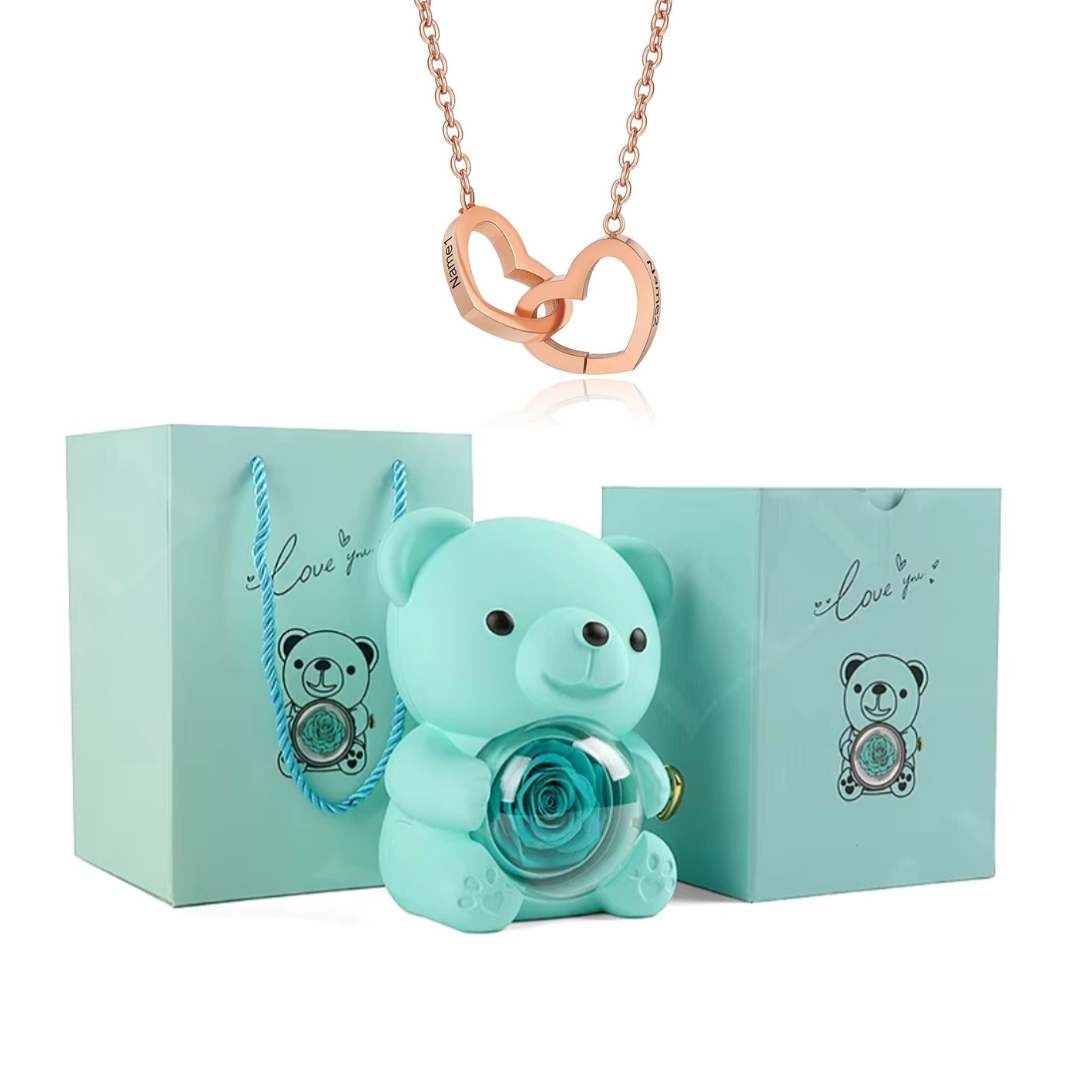 Urso Rotativo Com Rosa Real & Colar Dual Love Personalizado