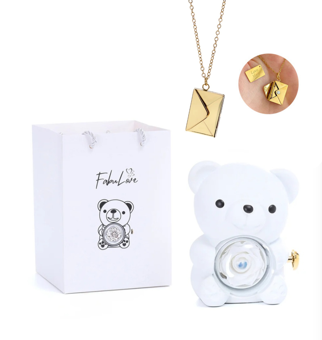 Urso Rotativo Com Rosa Real & Colar Envelope Persolalizado