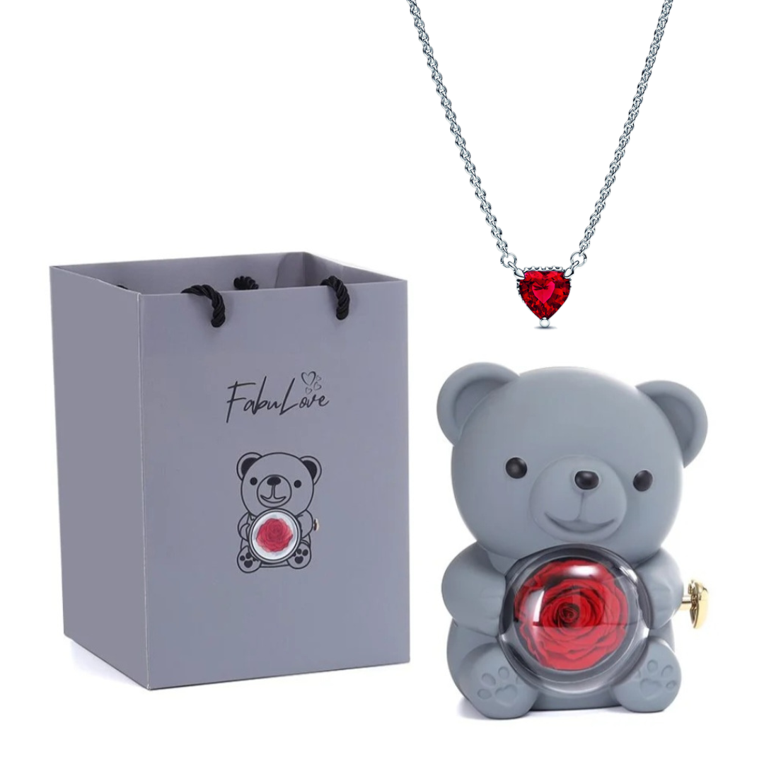 Urso Rotativo Com Rosa Real & Colar Coração