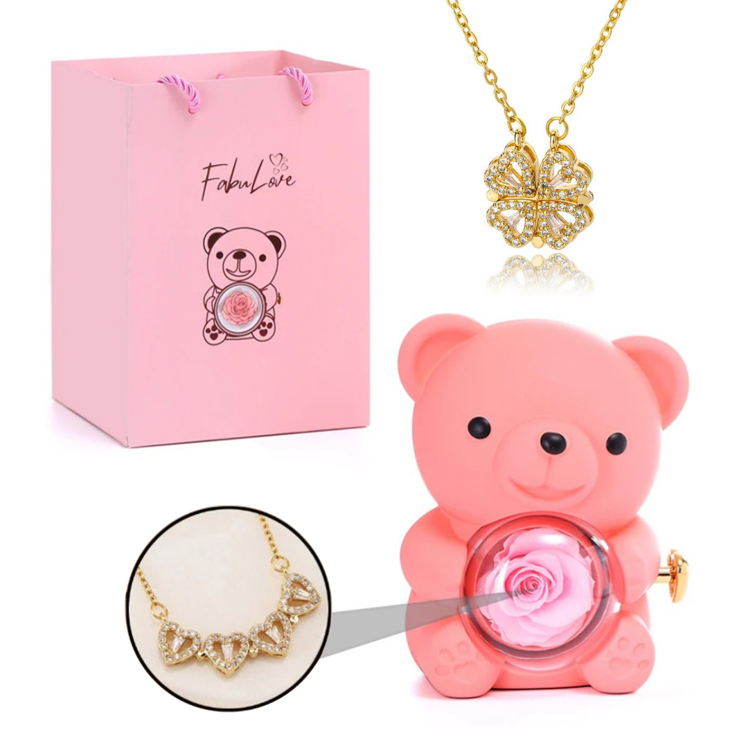 Urso Rotativo Com Rosa Real & Colar Trevo 2 Em 1